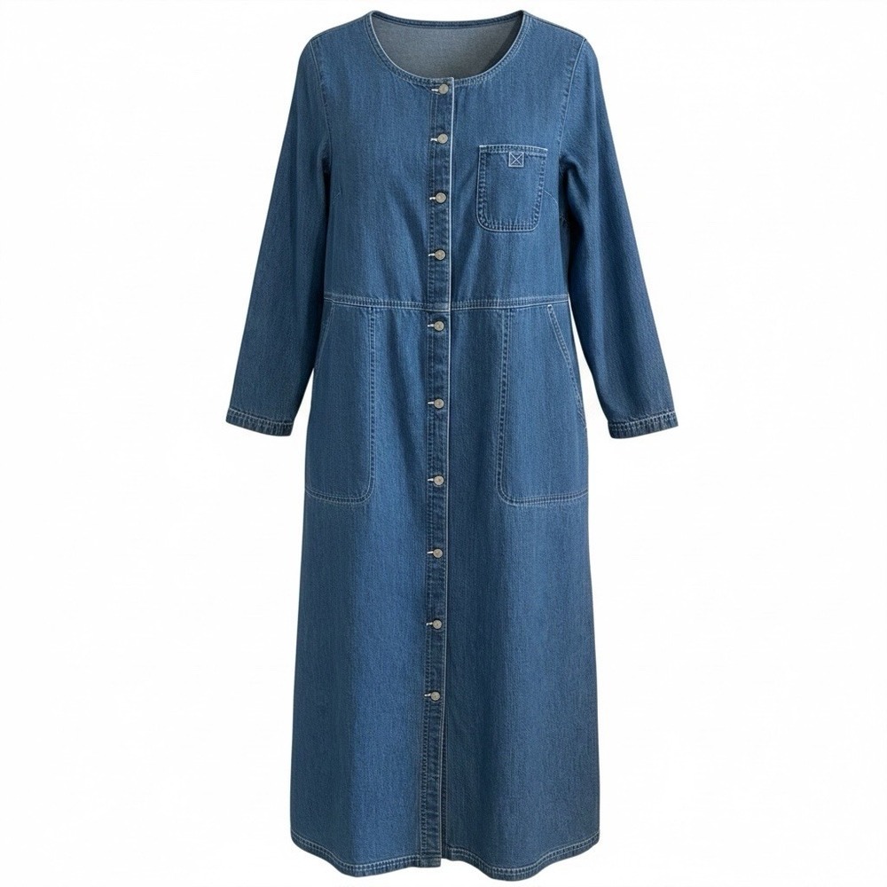 Vintage Style Eddie Bauer Button Front Denim Maxi Dress Petite‎ M Modest Western